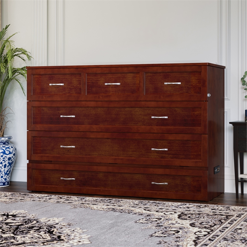 Northfield Queen Solid Wood Modern Murphy Bed Chest with Mattress  in Walnut