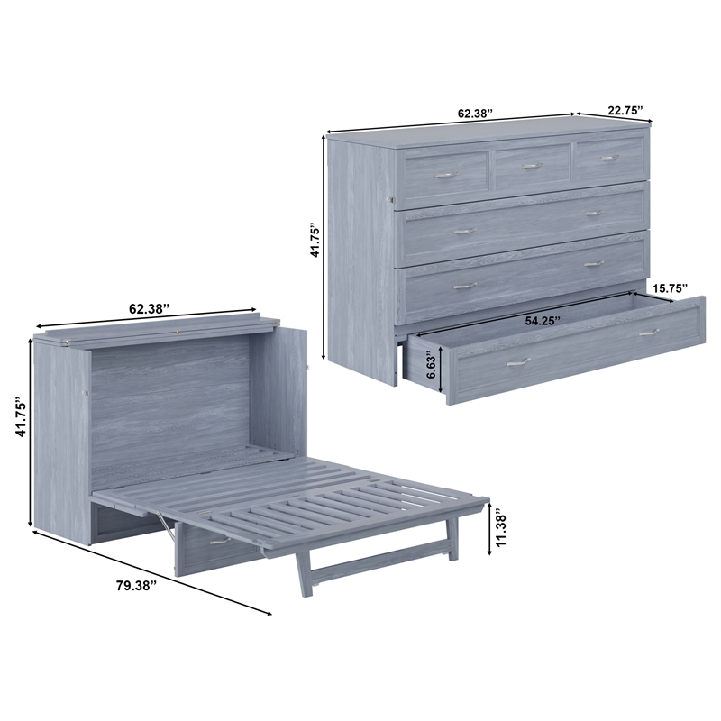 Northfield Queen Solid Wood Modern Murphy Bed Chest with Mattress in Driftwood