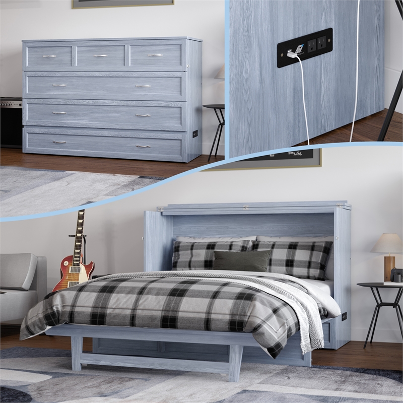 Northfield Queen Solid Wood Modern Murphy Bed Chest with Mattress in Driftwood