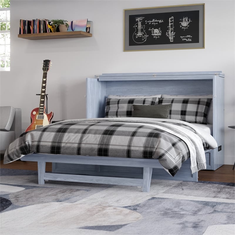 Northfield Queen Solid Wood Modern Murphy Bed Chest with Mattress in Driftwood