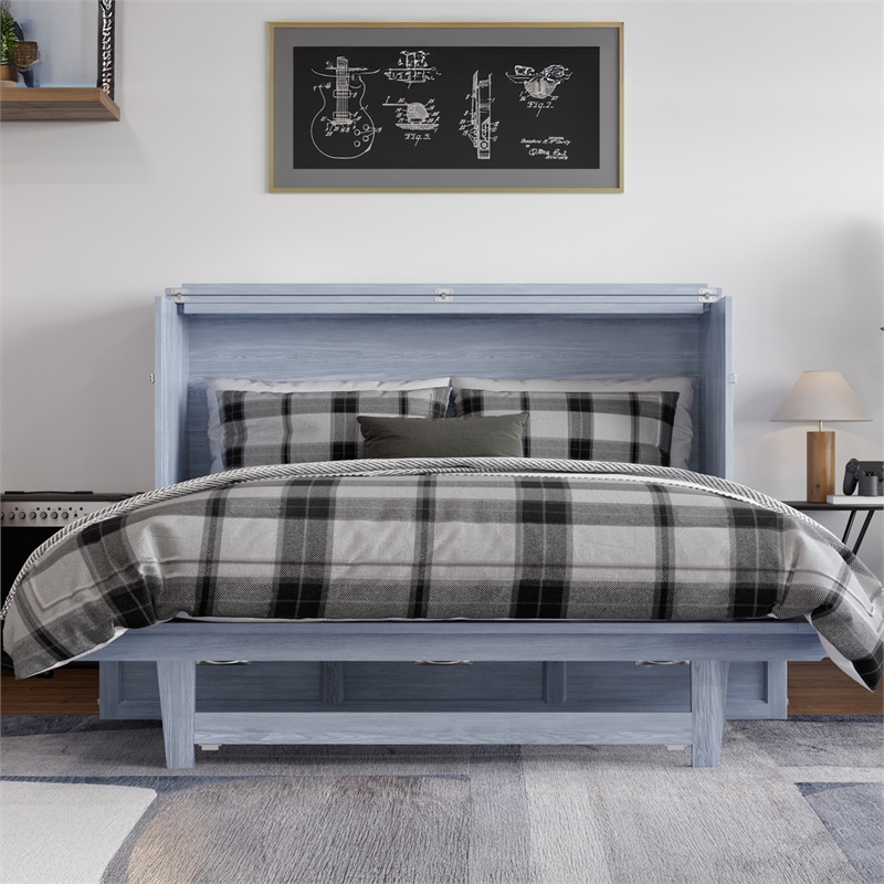 Northfield Queen Solid Wood Modern Murphy Bed Chest with Mattress in Driftwood