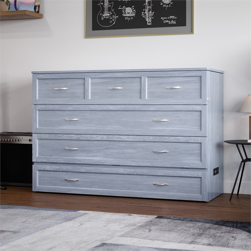 Northfield Queen Solid Wood Modern Murphy Bed Chest with Mattress in Driftwood