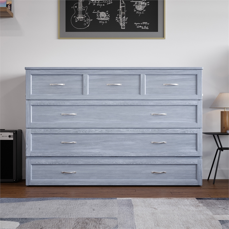 Northfield Queen Solid Wood Modern Murphy Bed Chest with Mattress in Driftwood