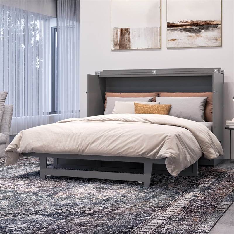 Northfield Queen Solid Wood Modern Murphy Bed Chest with Mattress in Gray