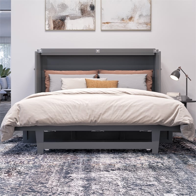 Northfield Queen Solid Wood Modern Murphy Bed Chest with Mattress in Gray