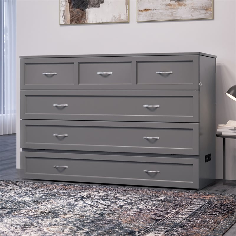 Northfield Queen Solid Wood Modern Murphy Bed Chest with Mattress in Gray