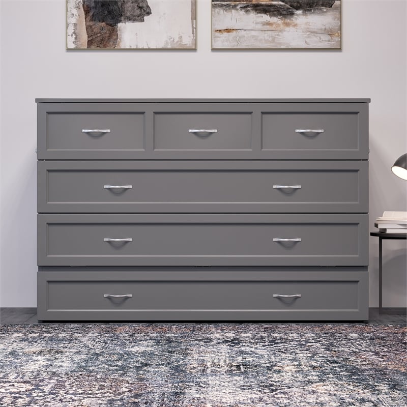 Northfield Queen Solid Wood Modern Murphy Bed Chest with Mattress in Gray