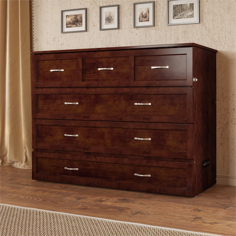 AFI Deerfield Full Solid Wood Modern Murphy Bed Chest with Mattress in Walnut