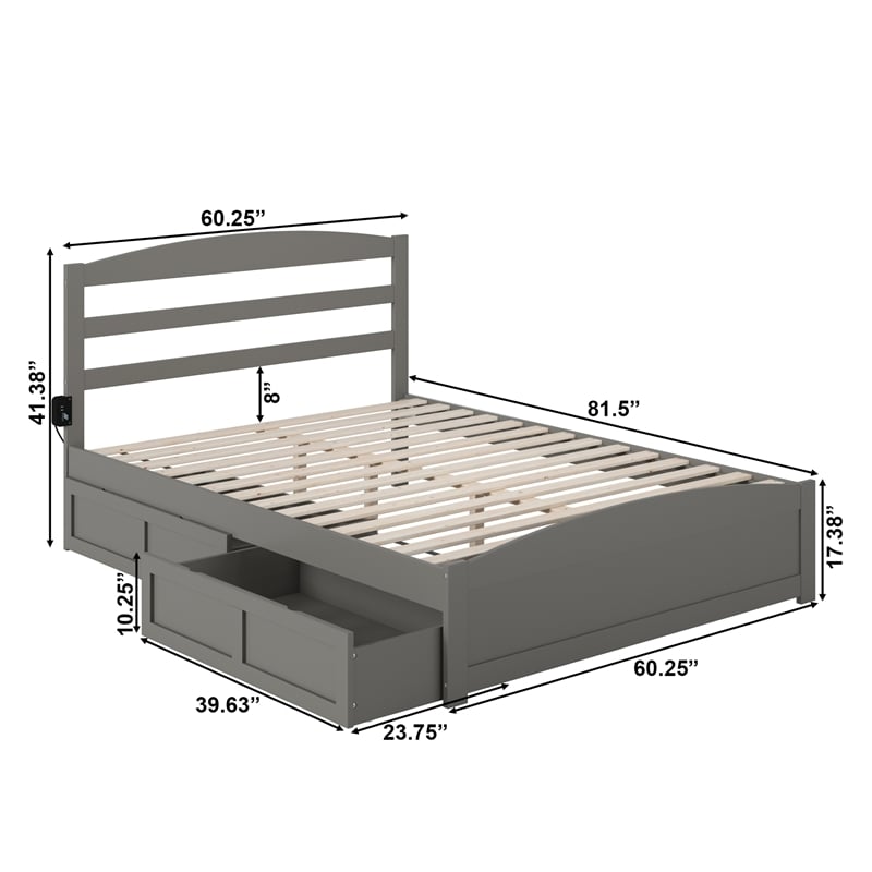 AFI Warren Solid Wood Queen Bed w/ Footboard & 2 Drawers in Gray