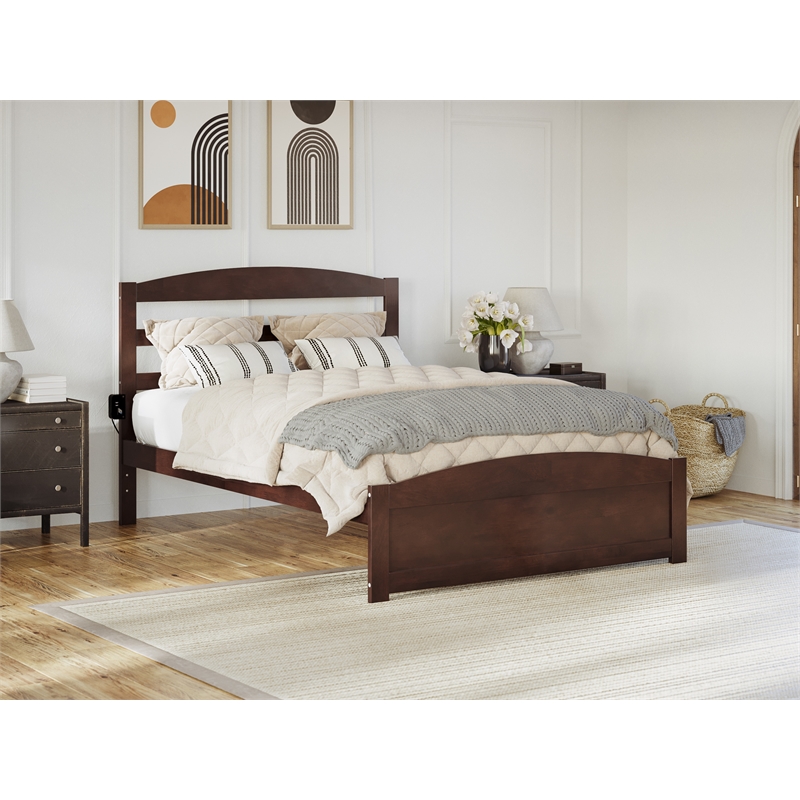 AFI Warren Solid Wood Queen Bed with USB Charging Station w/ Footboard in Walnut