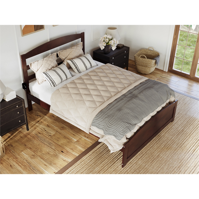 AFI Warren Solid Wood Queen Bed with USB Charging Station w/ Footboard in Walnut