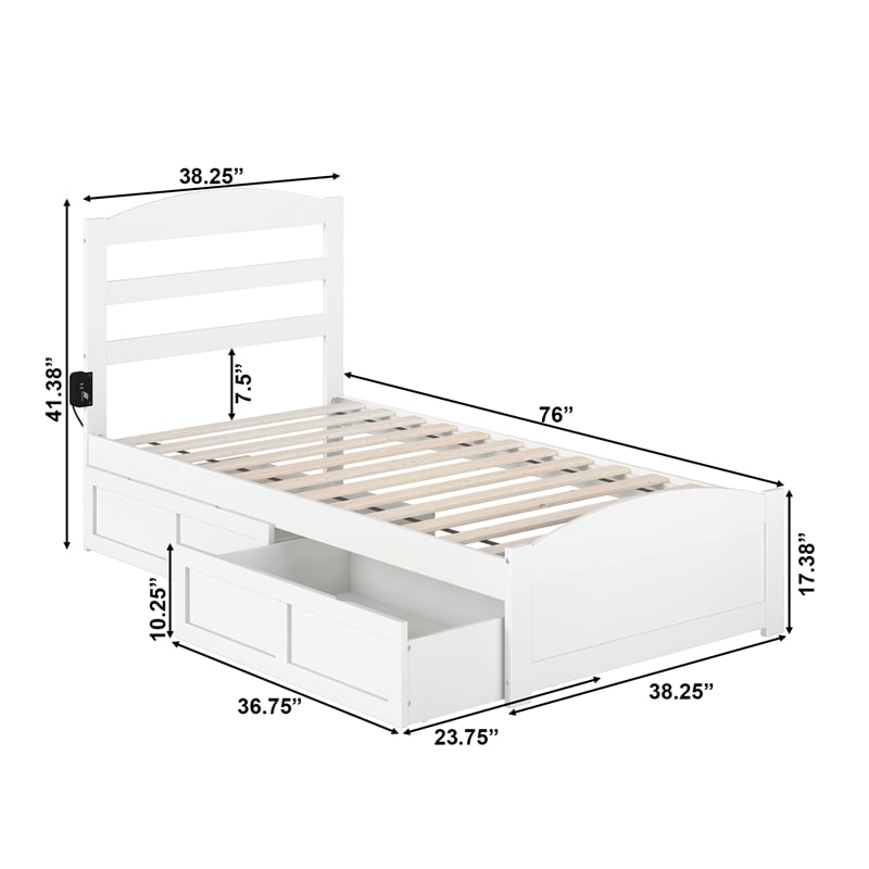 AFI Warren Solid Wood Twin Bed w/ Footboard & 2 Drawers in White