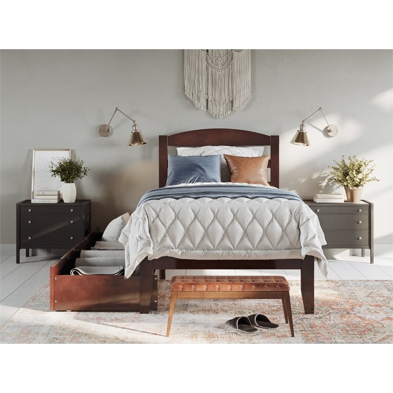 AFI Warren Solid Wood Twin Extra Long Bed w/ 2 Drawers in Walnut