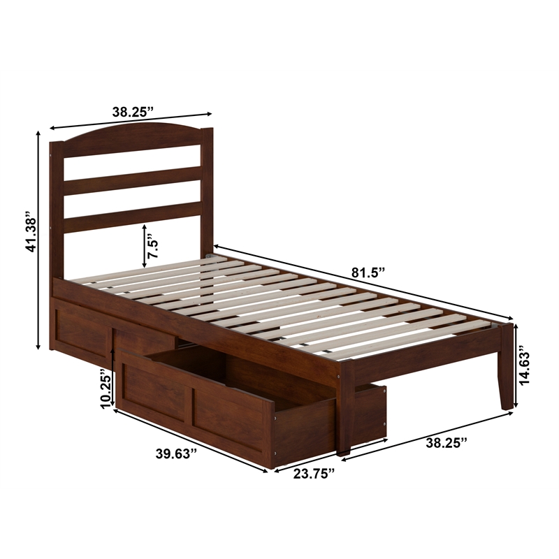 AFI Warren Solid Wood Twin Extra Long Bed w/ 2 Drawers in Walnut