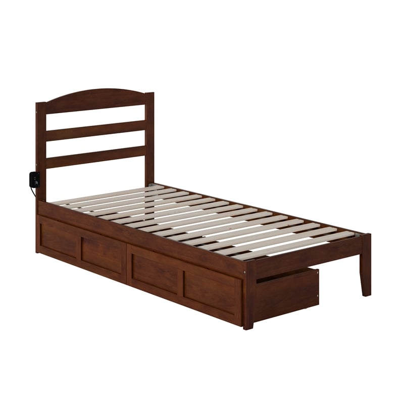 AFI Warren Solid Wood Twin Extra Long Bed w/ 2 Drawers in Walnut