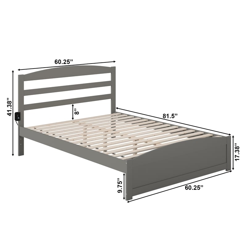 AFI Warren Solid Wood Queen Bed with Footboard and USB Charger in Gray