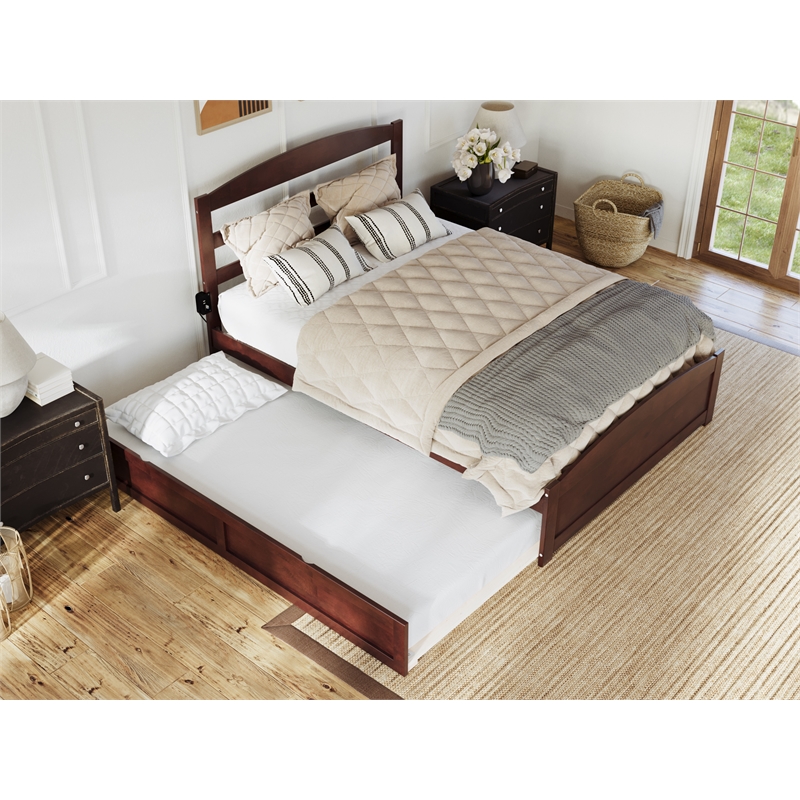 AFI Warren Solid Wood Queen Bed w/ Footboard & Twin XL Trundle in Walnut