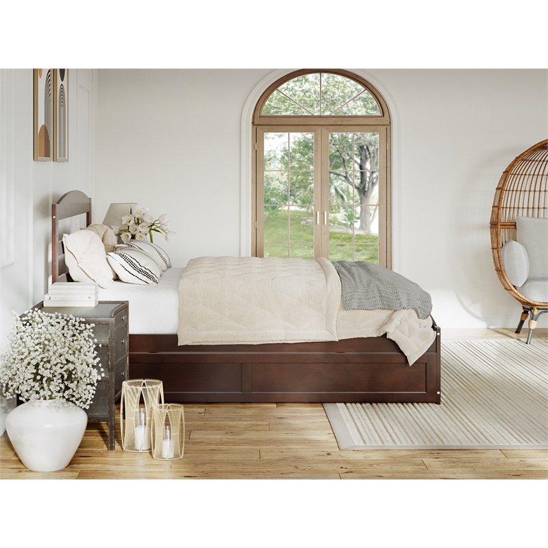 AFI Warren Solid Wood Queen Bed w/ Footboard & Twin XL Trundle in Walnut