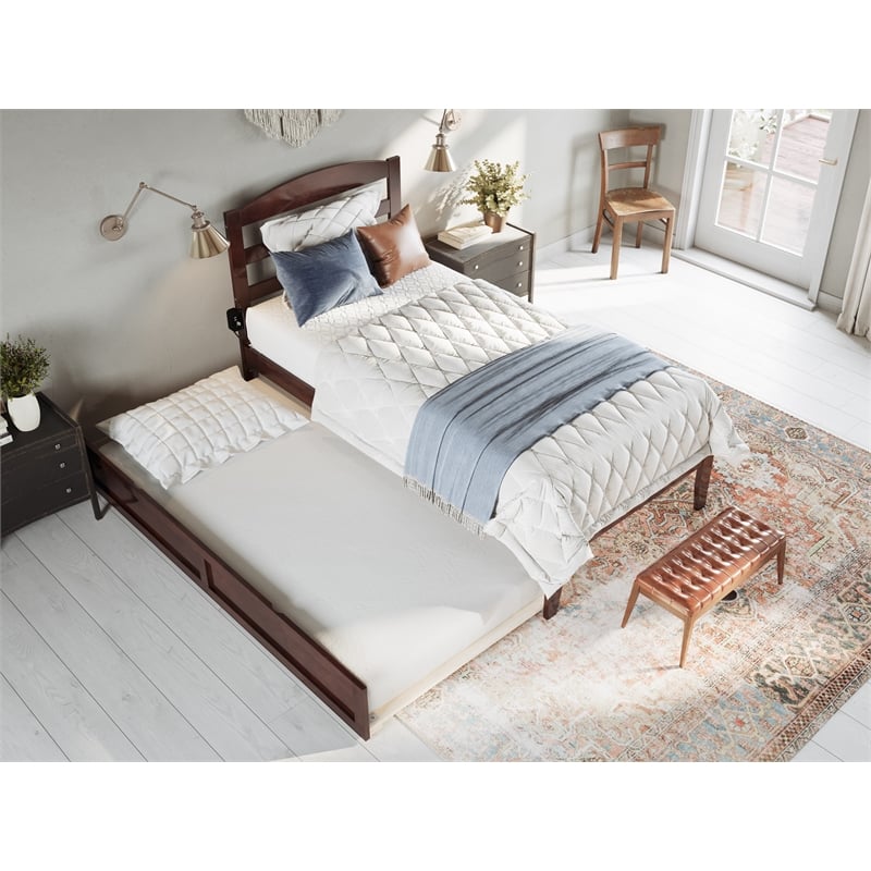 AFI Warren Solid Wood Twin Bed with Twin Trundle and USB Charger in Walnut