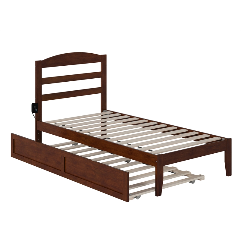 AFI Warren Solid Wood Twin Bed with Twin Trundle and USB Charger in Walnut