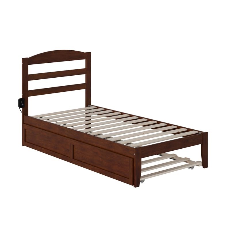 AFI Warren Solid Wood Twin Bed with Twin Trundle and USB Charger in Walnut