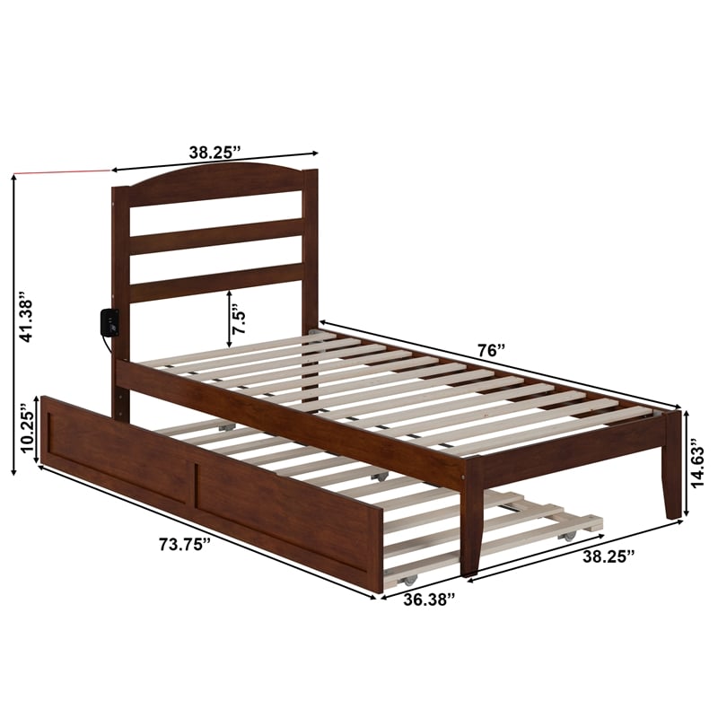 AFI Warren Solid Wood Twin Bed with Twin Trundle and USB Charger in Walnut