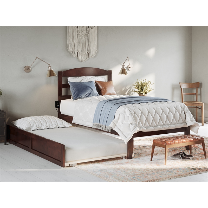 AFI Warren Solid Wood Twin Bed with Twin Trundle and USB Charger in Walnut