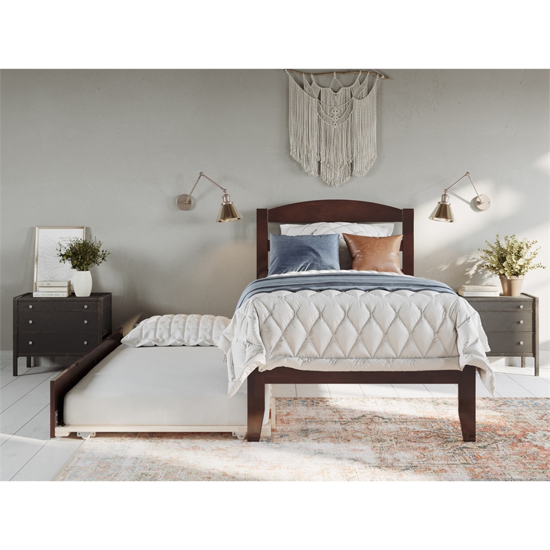 AFI Warren Solid Wood Twin Bed with Twin Trundle and USB Charger in Walnut