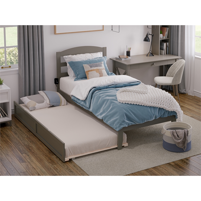 AFI Warren Solid Wood Twin Bed with Twin Trundle and USB Charger in Gray