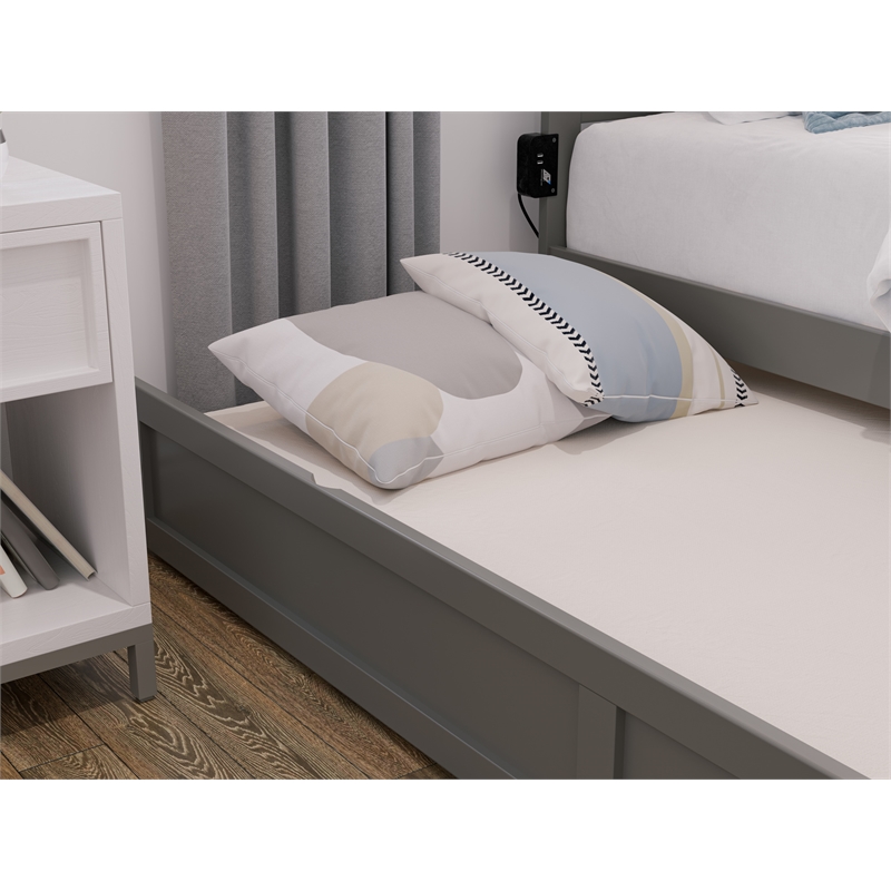 AFI Warren Solid Wood Twin Bed with Twin Trundle and USB Charger in Gray
