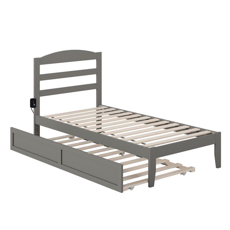 AFI Warren Solid Wood Twin Bed with Twin Trundle and USB Charger in Gray