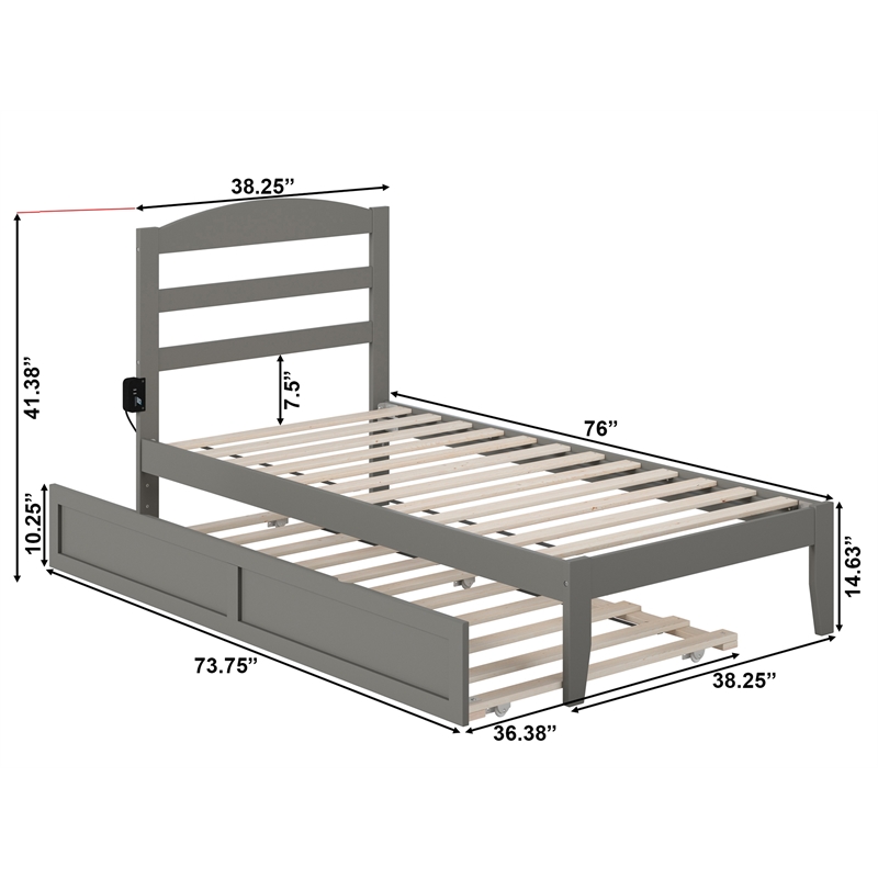 AFI Warren Solid Wood Twin Bed with Twin Trundle and USB Charger in Gray