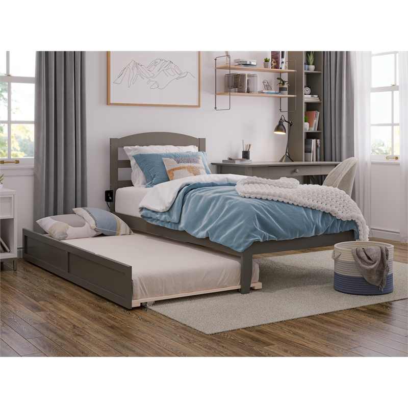AFI Warren Solid Wood Twin Bed with Twin Trundle and USB Charger in Gray