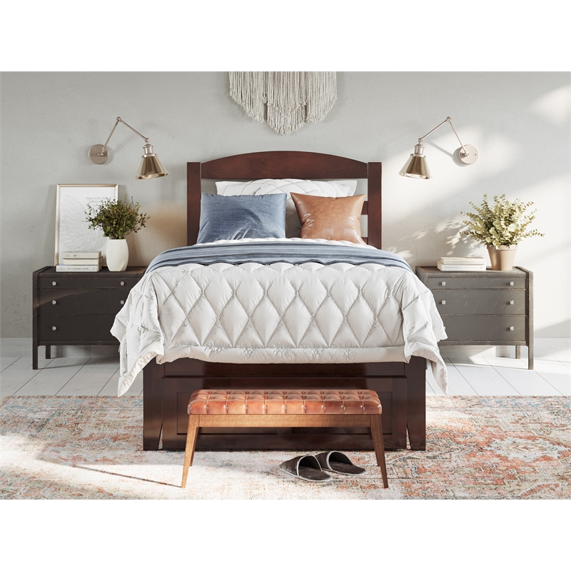 AFI Warren Solid Wood Twin Bed with Foot Drawer and USB Charger in Walnut