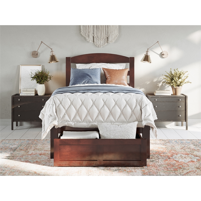 AFI Warren Solid Wood Twin Bed with Foot Drawer and USB Charger in Walnut