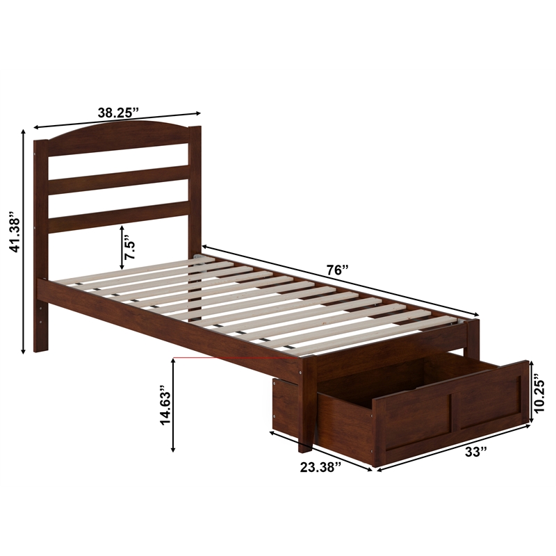 AFI Warren Solid Wood Twin Bed with Foot Drawer and USB Charger in Walnut