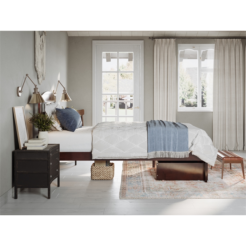 AFI Warren Solid Wood Twin Bed with Foot Drawer and USB Charger in Walnut