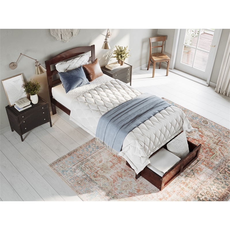 AFI Warren Solid Wood Twin Bed with Foot Drawer and USB Charger in Walnut