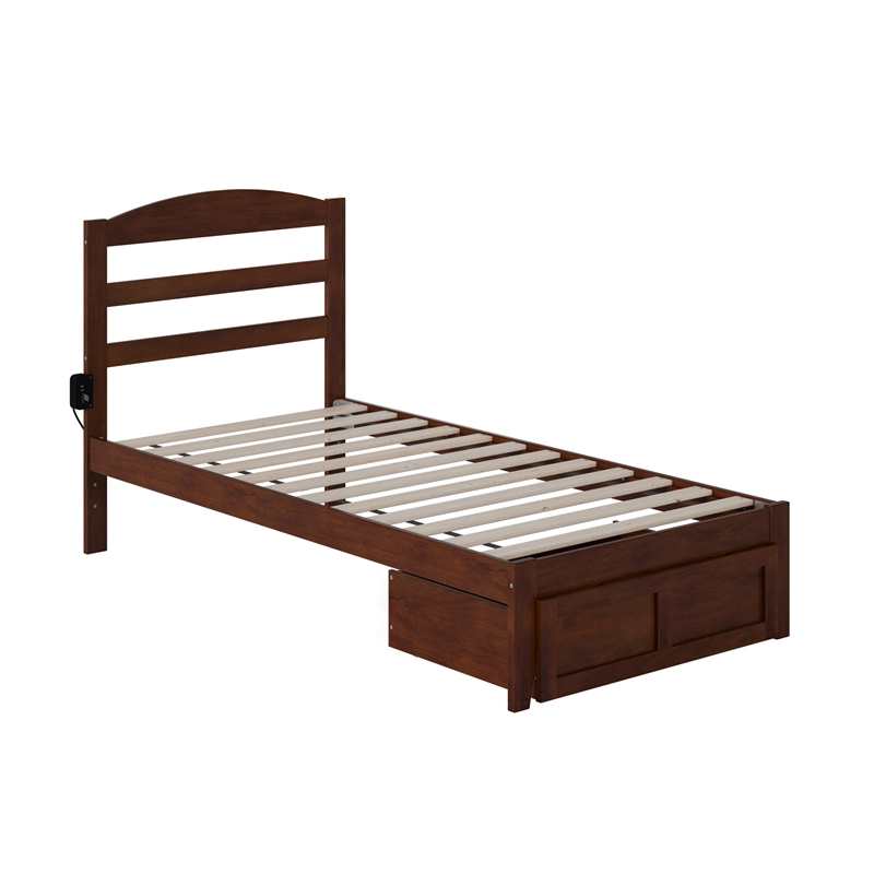 AFI Warren Solid Wood Twin Bed with Foot Drawer and USB Charger in Walnut