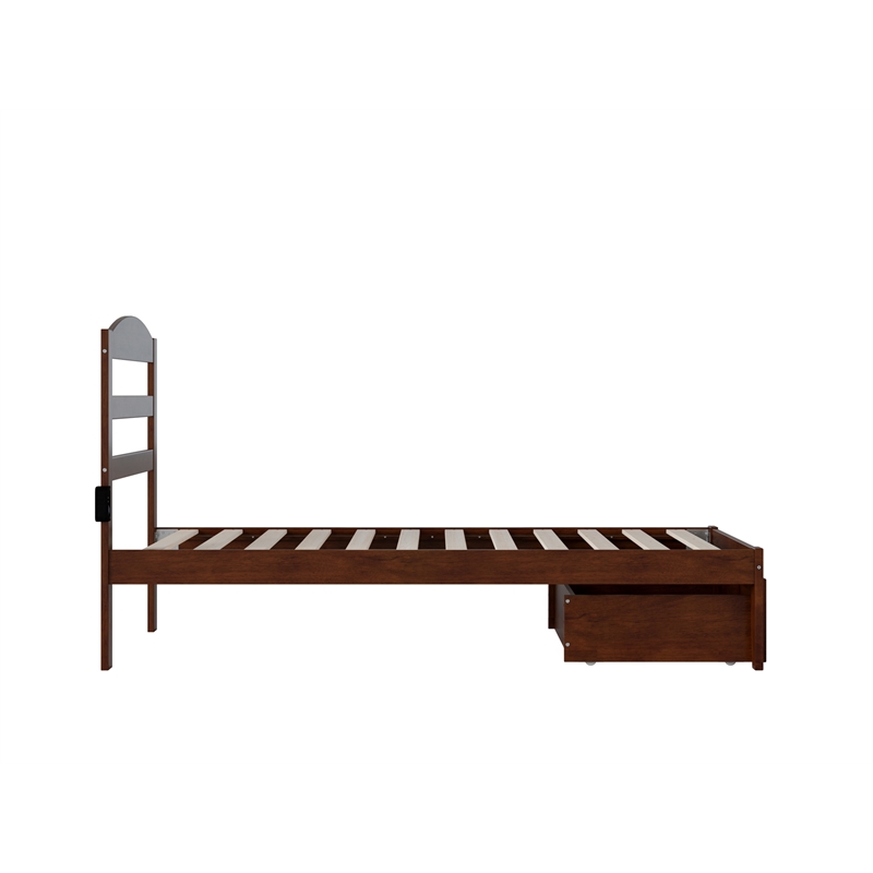 AFI Warren Solid Wood Twin Bed with Foot Drawer and USB Charger in Walnut
