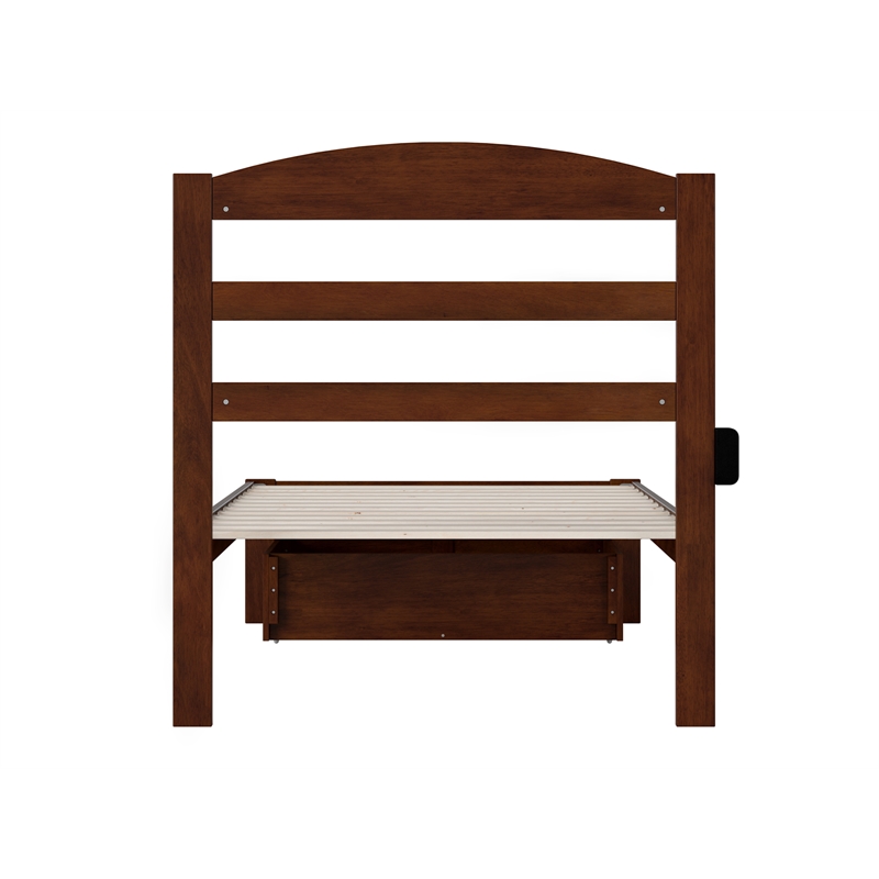 AFI Warren Solid Wood Twin Bed with Foot Drawer and USB Charger in Walnut