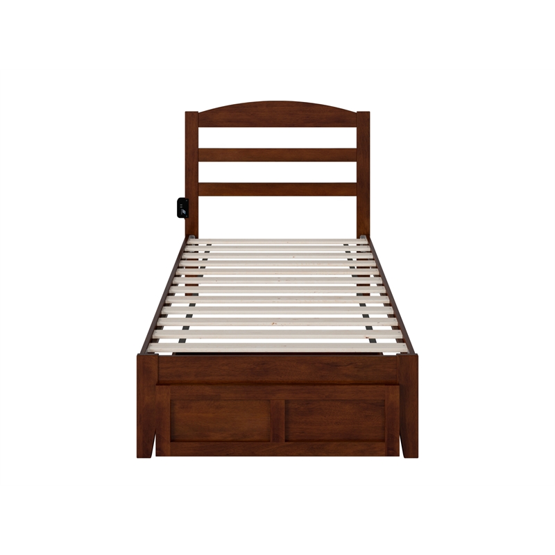 AFI Warren Solid Wood Twin Bed with Foot Drawer and USB Charger in Walnut