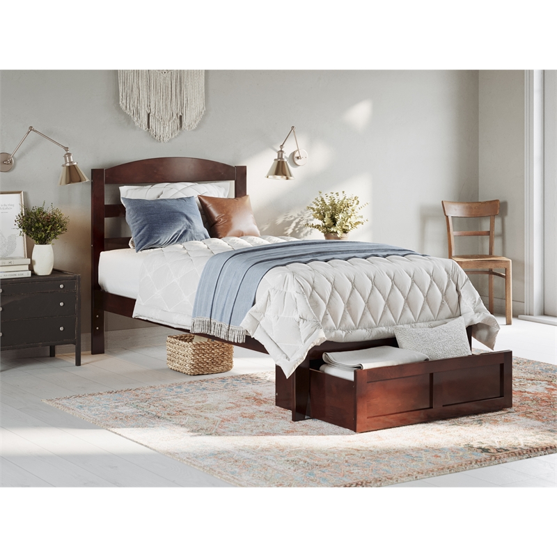 AFI Warren Solid Wood Twin Bed with Foot Drawer and USB Charger in Walnut