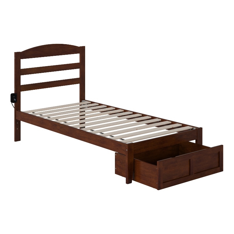 AFI Warren Solid Wood Twin Bed with Foot Drawer and USB Charger in Walnut