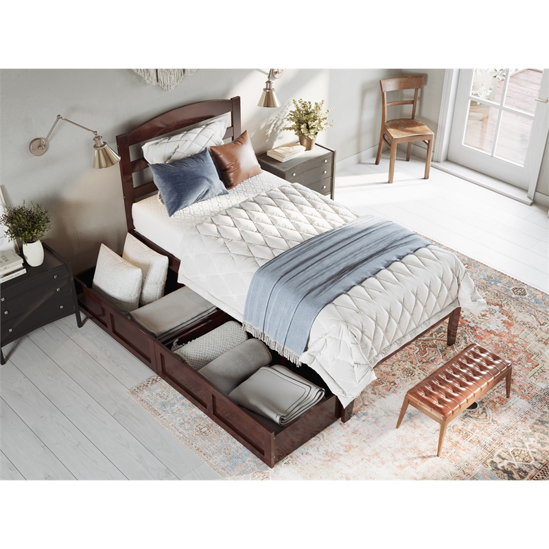 AFI Warren Solid Wood Twin Bed with 2 Storage Drawers in Walnut