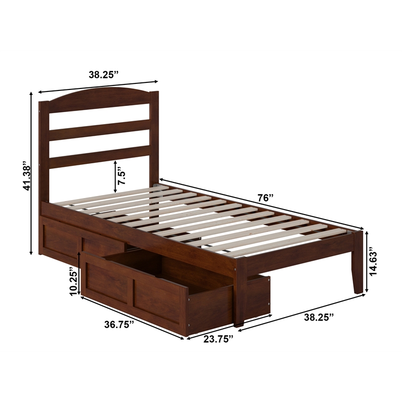 AFI Warren Solid Wood Twin Bed with 2 Storage Drawers in Walnut