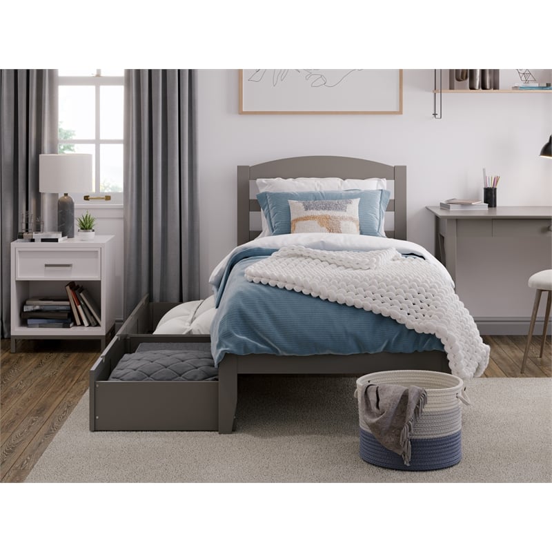 AFI Warren Solid Wood Twin Bed with 2 Storage Drawers in Gray