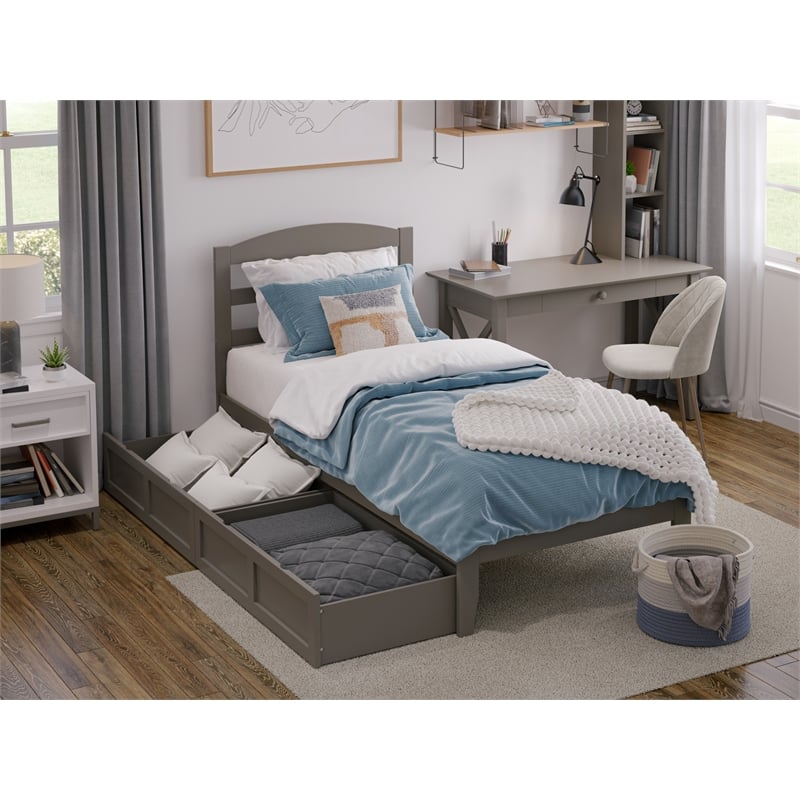 AFI Warren Solid Wood Twin Bed with 2 Storage Drawers in Gray