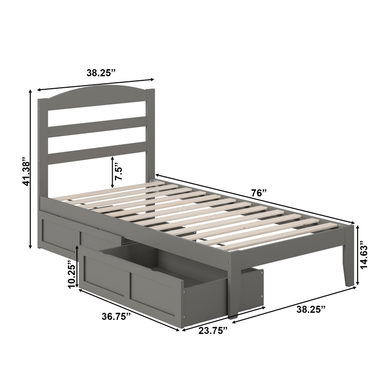 AFI Warren Solid Wood Twin Bed with 2 Storage Drawers in Gray