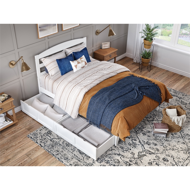 AFI Warren Solid Wood Full Bed with 2 Storage Drawers and USB Charger in White